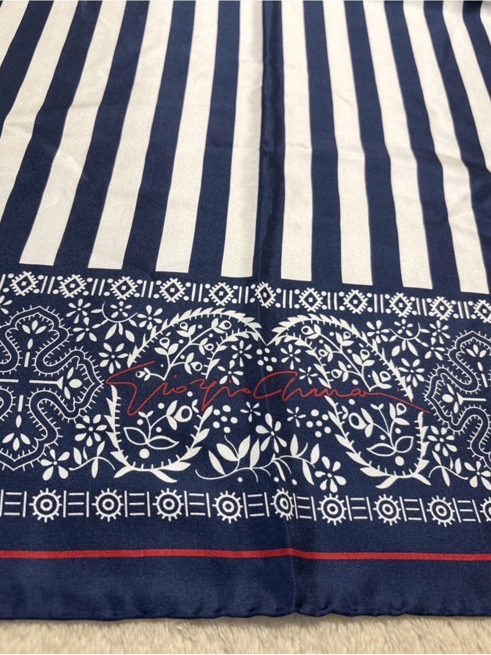 Giorgio Armani Silk Scarf Navy White Striped Hand Rolled Made in Italy